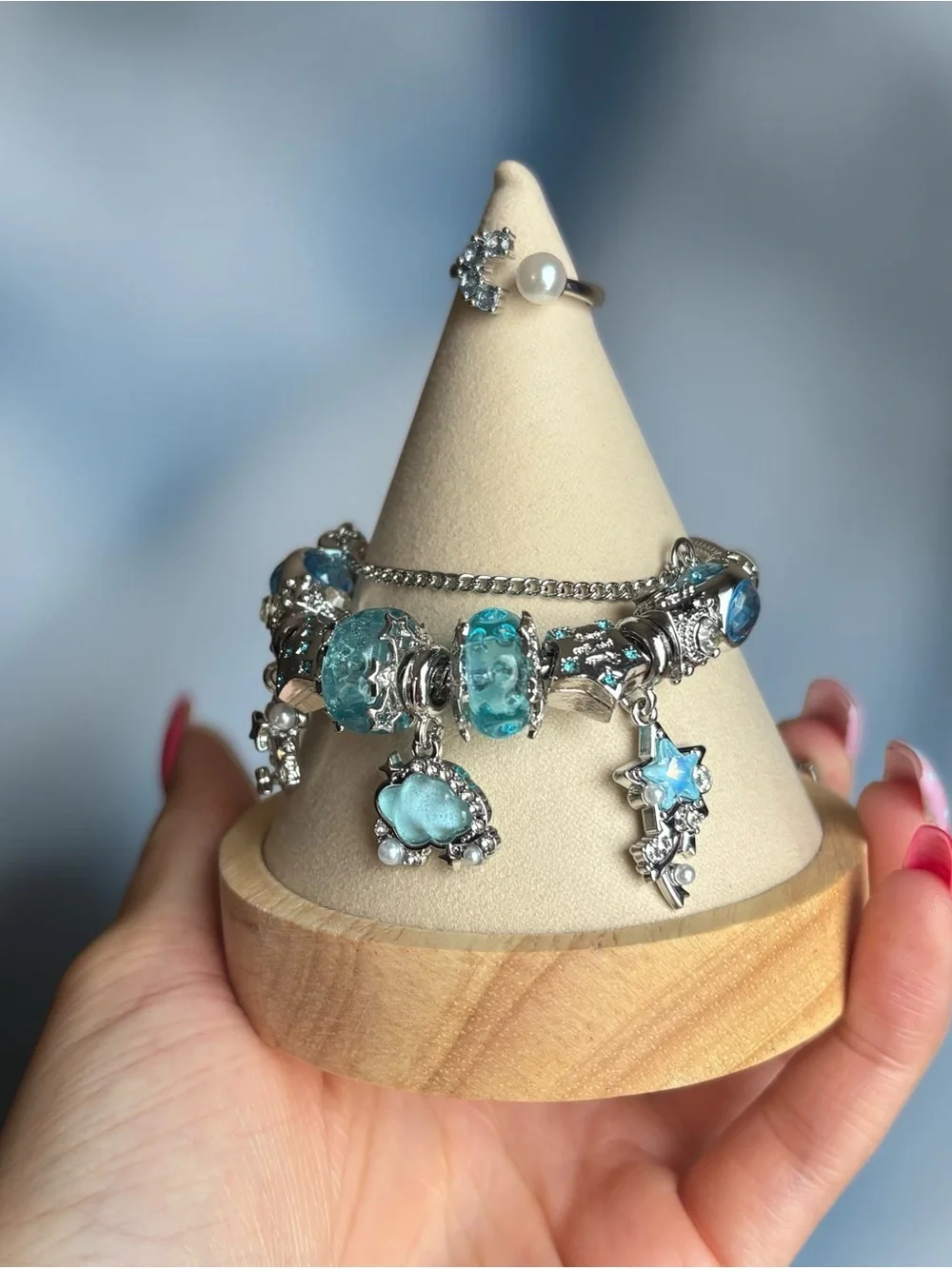 Silver Blue Cloud Charm Bracelet and Ring - Picture 3 of 4